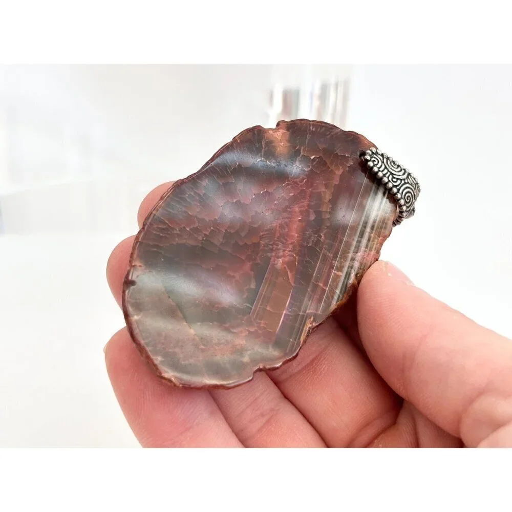 Red Sliced Agate Smooth Crystal Freeform Large Silver Toned Vintage Pendant